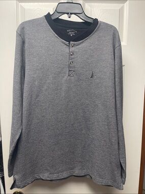 Nautica Men's Long Sleeve Grey Herringbone Henley